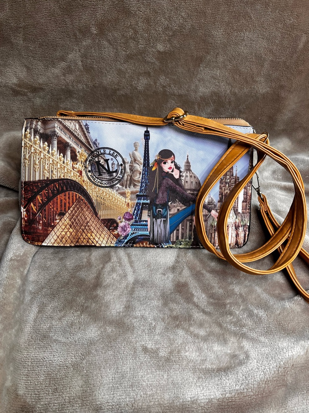 NICOLE LEE Brown Parisian Eiffel Tower Paris Print Cross Body Wallet Bag